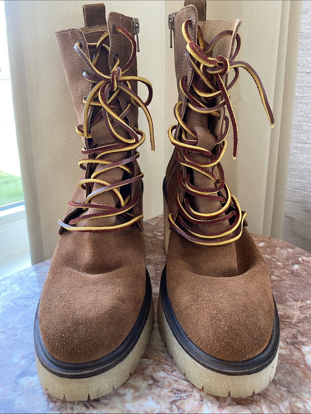 Free People Brown Suede Lace-Up Platform Boots with Yellow-Trim Laces size 39